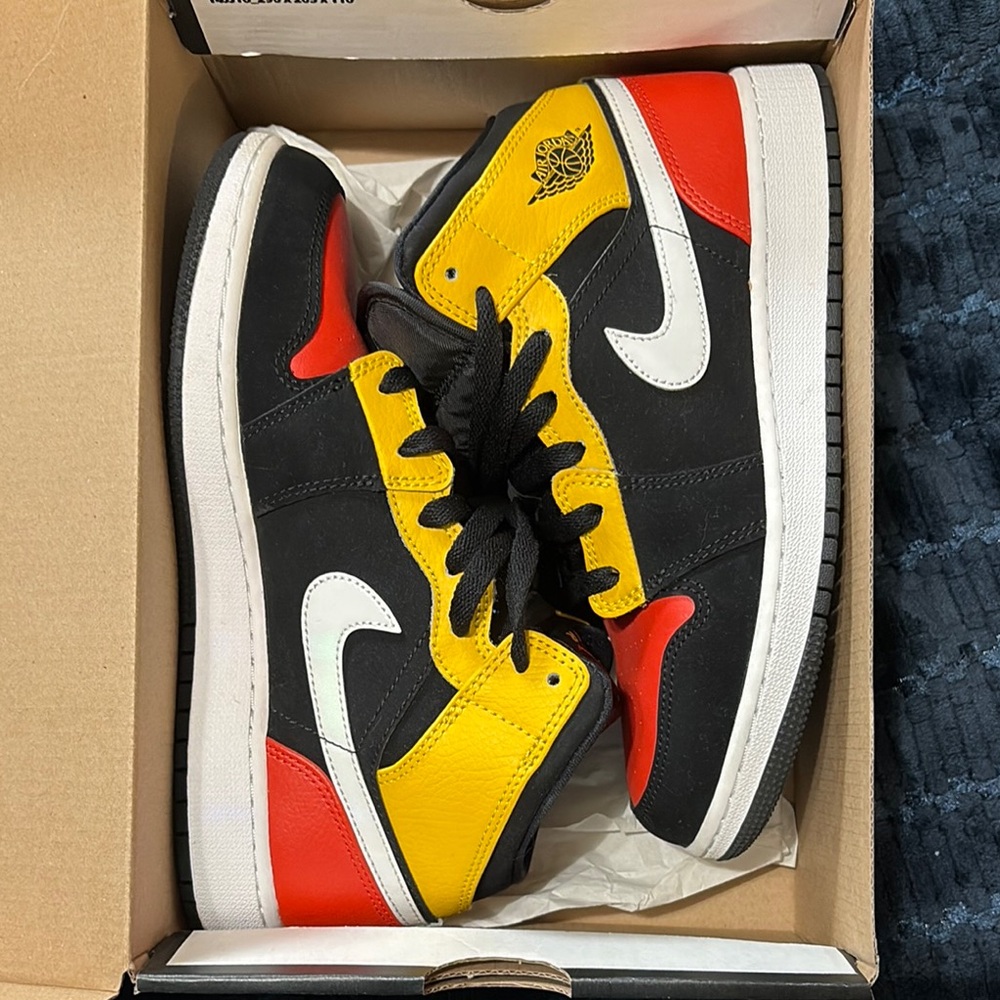 Jordan 1 Mid Kids Sneakers - Black, Yellow, Red